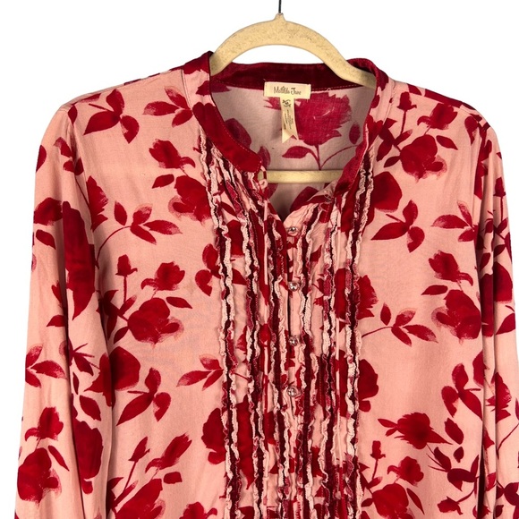 Matilda Jane Size M Miri Floral Print Pleated Blouse Long Sleeve Red Casual Top - Picture 4 of 11